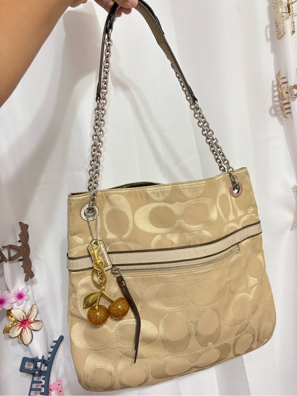 Coach Beige Signature Jacquard Shoulder Bag with Gold Cherry Charm